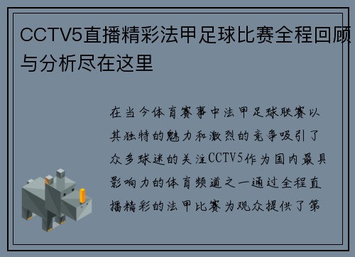 CCTV5直播精彩法甲足球比赛全程回顾与分析尽在这里